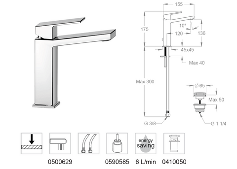 Miscelatore lavabo da piano Kelio 63 Fir Italia H 175 mm con scarico clic-clac