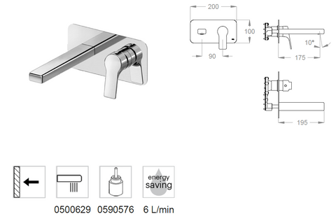 Miscelatore lavabo incasso a parete FIR Handy 52 52.1010.8 con piastra bocca 195 mm interasse 175 mm – parte esterna + incasso