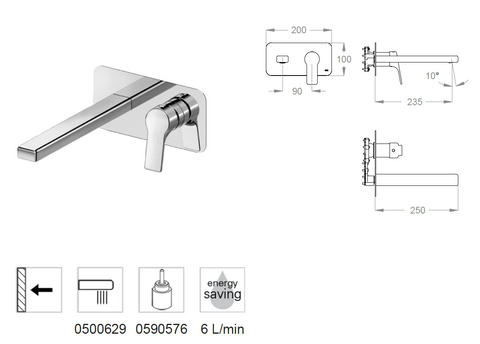 Miscelatore lavabo incasso a parete FIR Handy 52 52.1020.8 con piastra bocca 250 mm interasse 235 mm – parte esterna + incasso