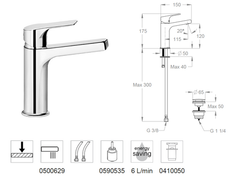 Rubinetto lavabo FIR Handy 52 52.1120.3 cromato con scarico clic clac – Miscelatore bagno moderno Made in Italy