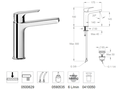 Miscelatore lavabo alto FIR 52.1130.3 con scarico clic clac – Rubinetteria bagno design H 190 mm
