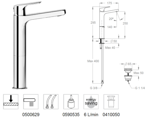 Miscelatore lavabo alto FIR Handy 52 52.1140.3 con scarico clic clac – Design moderno h 295 mm interasse 140 mm