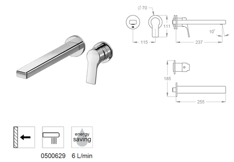 Miscelatore lavabo incasso a parete FIR Handy 52 52.1826.8 bocca 255 mm interasse 240 mm – parte esterna + incasso