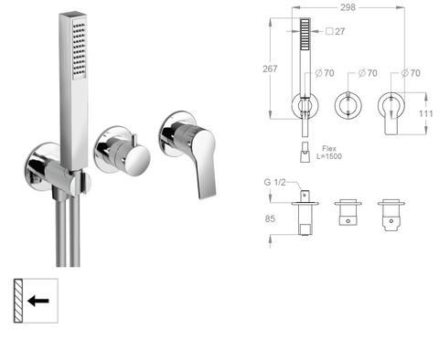 Miscelatore doccia incasso a parete FIR Handy 52 52.5227.8 con deviatore a 2 uscite orizzontale – parte esterna