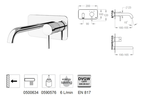 Miscelatore Lavabo a Parete FIR Cleo 84 84.1010.8 con Piastra – Rubinetto Lavabo Incasso Design