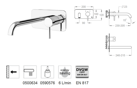 Miscelatore Lavabo a Parete FIR Cleo 84 84.1020.8 con Piastra – Rubinetto Lavabo Incasso Design
